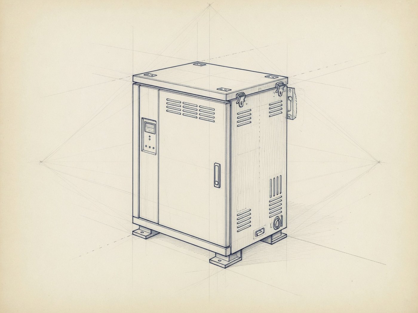 Engineering line drawing of a compact outdoor energy cabinet.