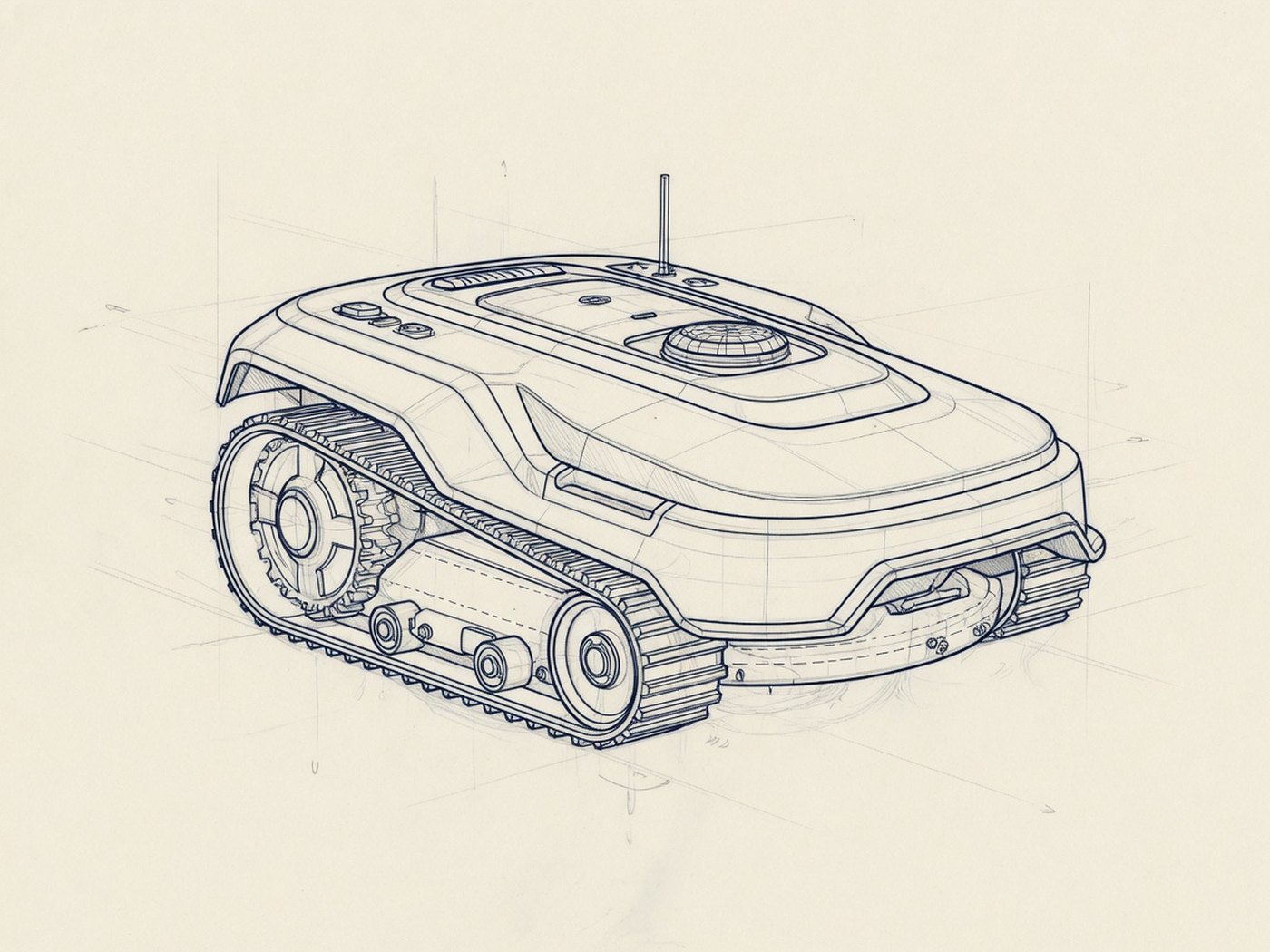 Engineering line drawing of a tracked robotic lawn mower.